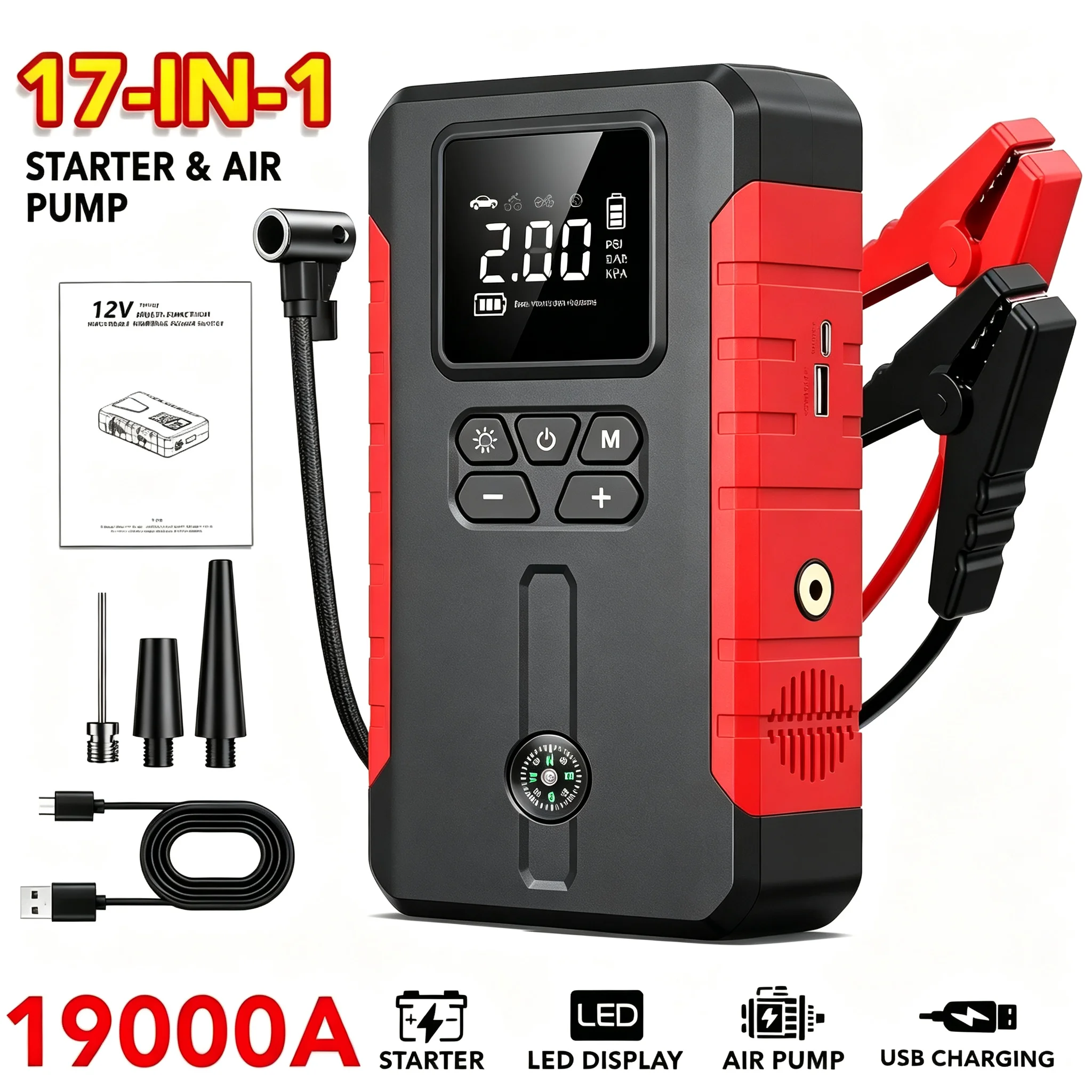 12V 17-in-1 Portable Jump Starter with Air Compressor - Image 1