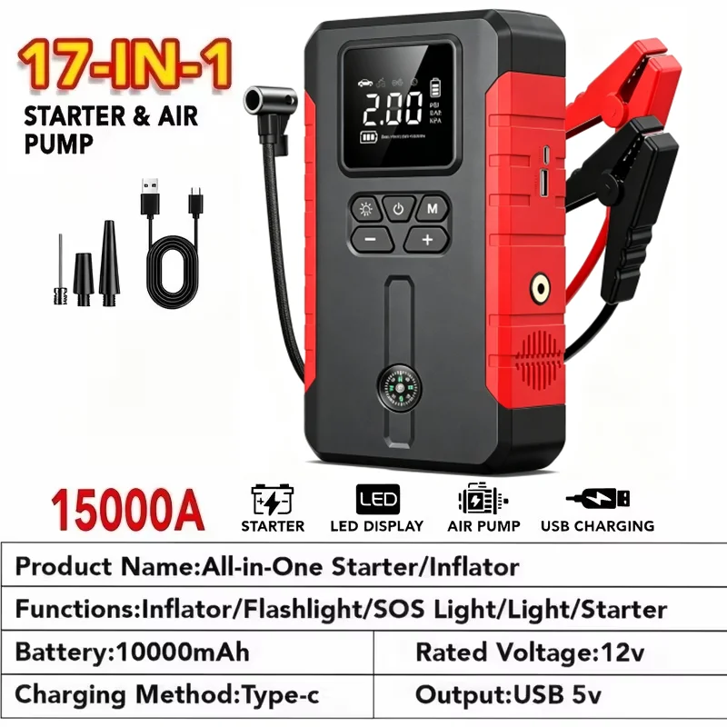 12V 17-in-1 Portable Jump Starter with Air Compressor - Image 4