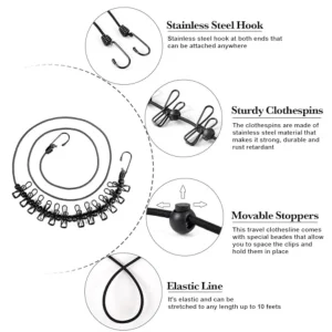 Retractable Travel Clothesline with 12 Clothespins - Thumbnail Image 2