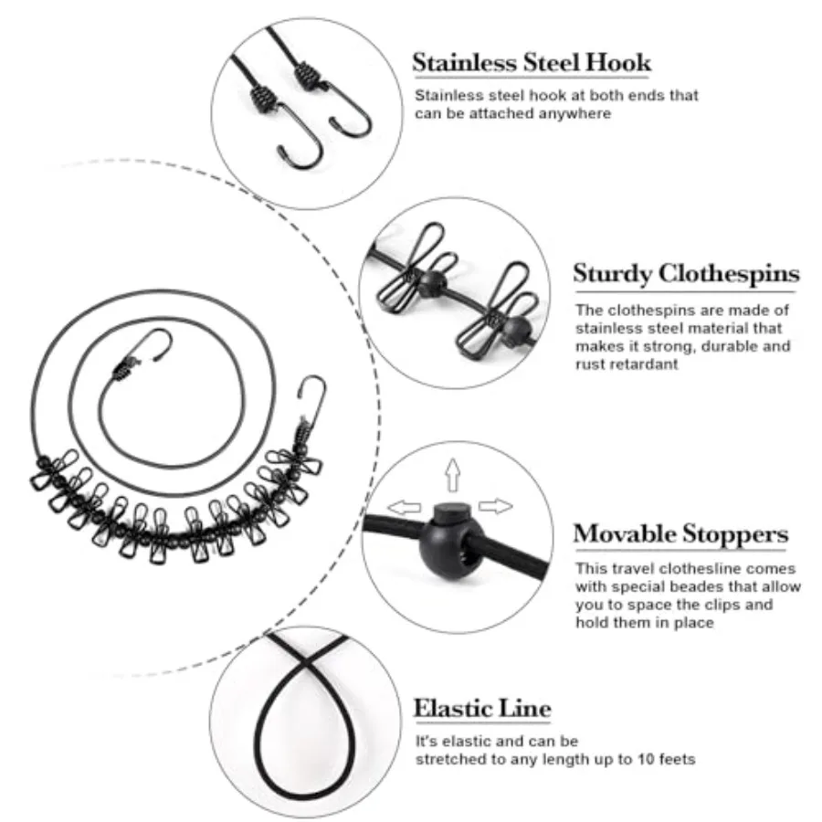 Retractable Travel Clothesline with 12 Clothespins - Image 2